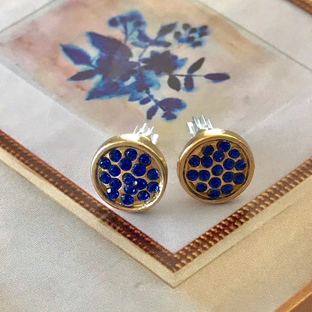 Royal Blue Crystal Stud Earrings Set in Gold